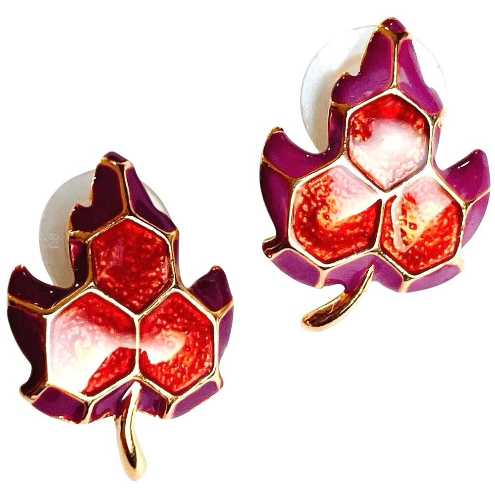 Modern Earrings Enamel Leaf Stud Gold Tone Graphic Color Block 2010-2020